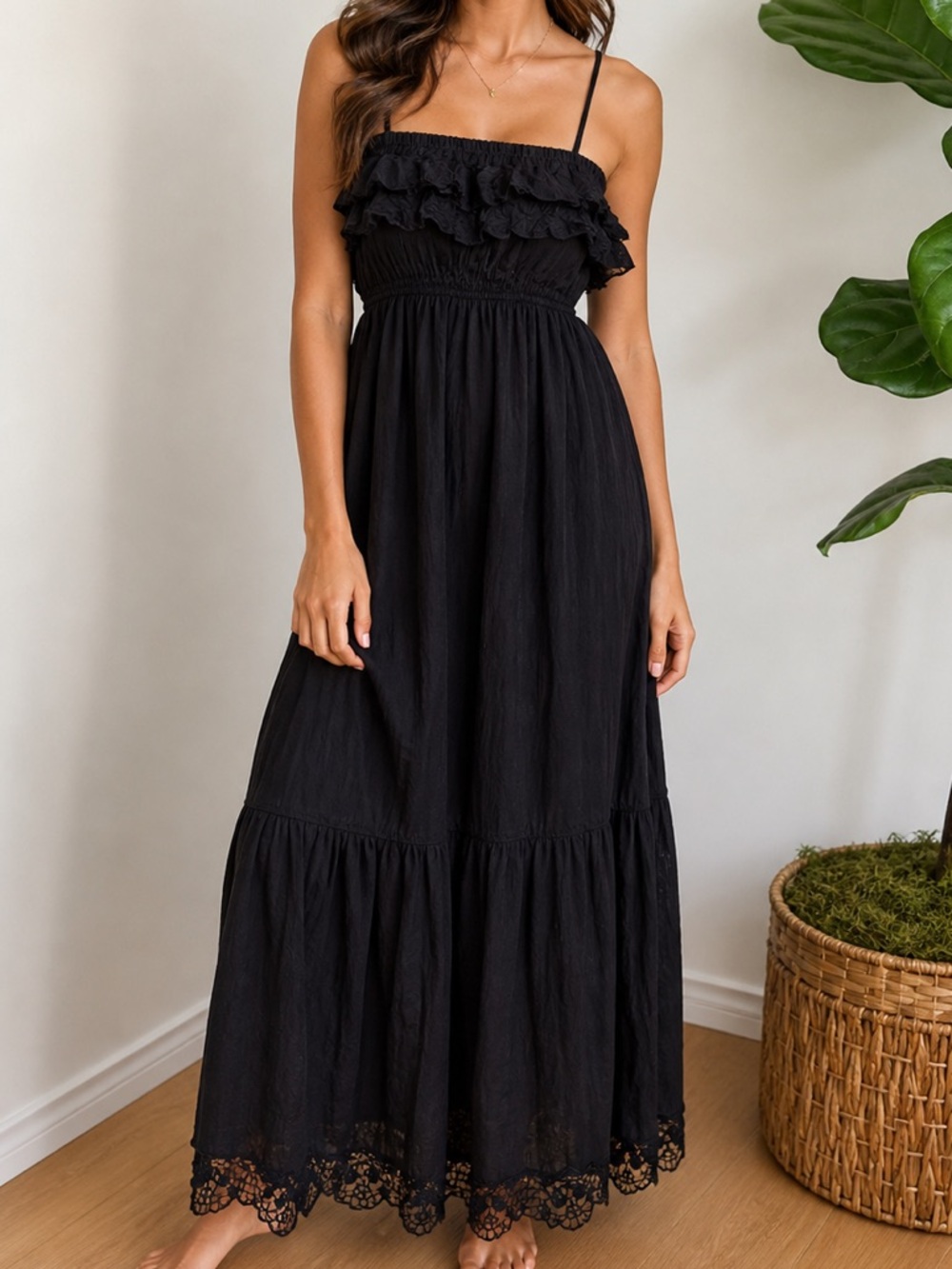 Voom by Joy Han USA || Silk Black Embroider Maxi Cami Dress